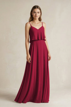 Ruffled Spaghetti Strap A - Line Chiffon Bridesmaid Dress in Berry - KissProm Bridesmaid Dresses