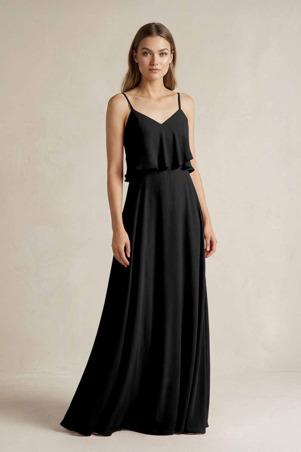Ruffled Spaghetti Strap A - Line Chiffon Bridesmaid Dress in Black - KissProm Bridesmaid Dresses