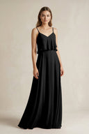 Ruffled Spaghetti Strap A - Line Chiffon Bridesmaid Dress in Black - KissProm Bridesmaid Dresses