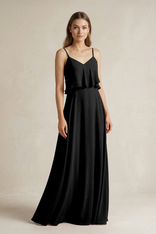 Ruffled Spaghetti Strap A - Line Chiffon Bridesmaid Dress in Black - KissProm Bridesmaid Dresses