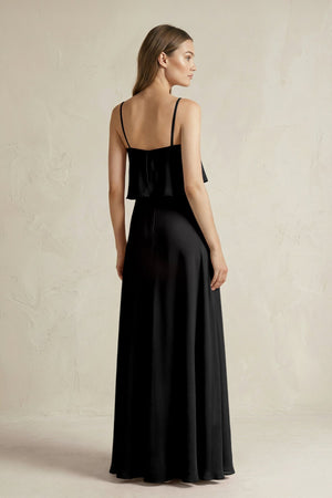 Ruffled Spaghetti Strap A - Line Chiffon Bridesmaid Dress in Black - KissProm Bridesmaid Dresses
