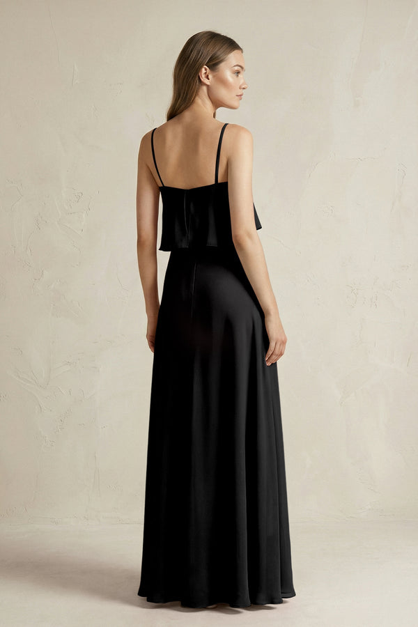 Ruffled Spaghetti Strap A - Line Chiffon Bridesmaid Dress in Black - KissProm Bridesmaid Dresses