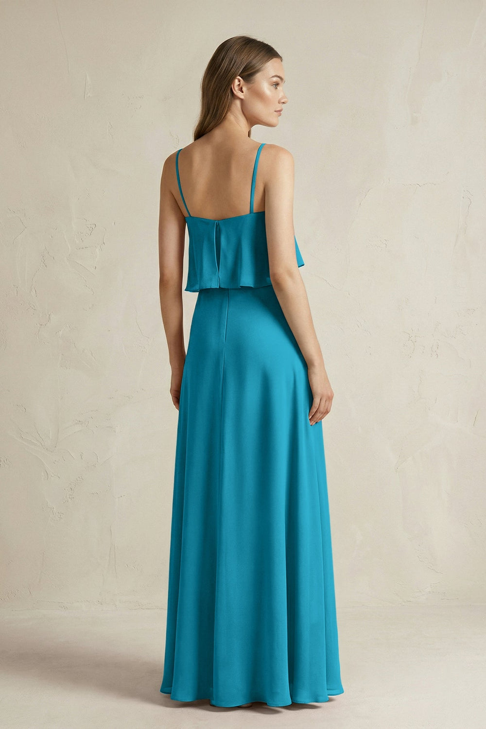 Ruffled Spaghetti Strap A - Line Chiffon Bridesmaid Dress in Blue Jay - KissProm Bridesmaid Dresses
