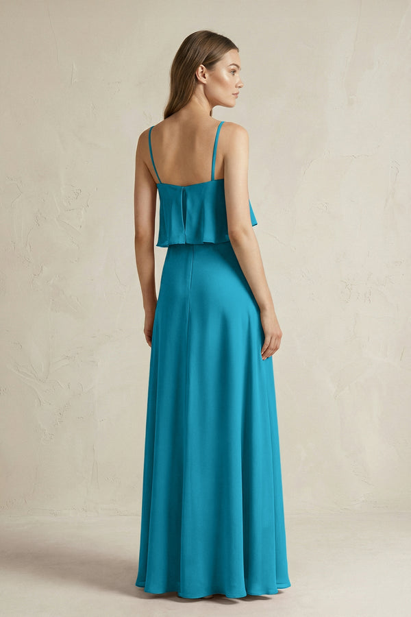 Ruffled Spaghetti Strap A - Line Chiffon Bridesmaid Dress in Blue Jay - KissProm Bridesmaid Dresses