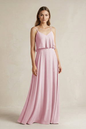 Ruffled Spaghetti Strap A - Line Chiffon Bridesmaid Dress in Candy Pink - KissProm Bridesmaid Dresses