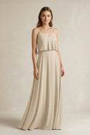 Ruffled Spaghetti Strap A - Line Chiffon Bridesmaid Dress in Champagne - KissProm Bridesmaid Dresses