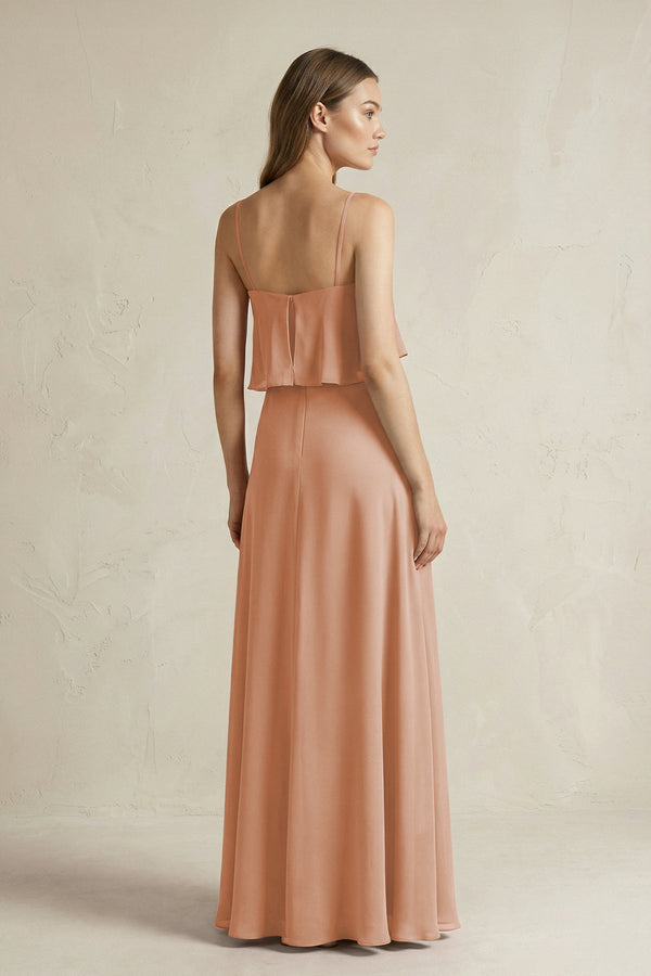 Ruffled Spaghetti Strap A - Line Chiffon Bridesmaid Dress in Champagne Rose - KissProm Bridesmaid Dresses