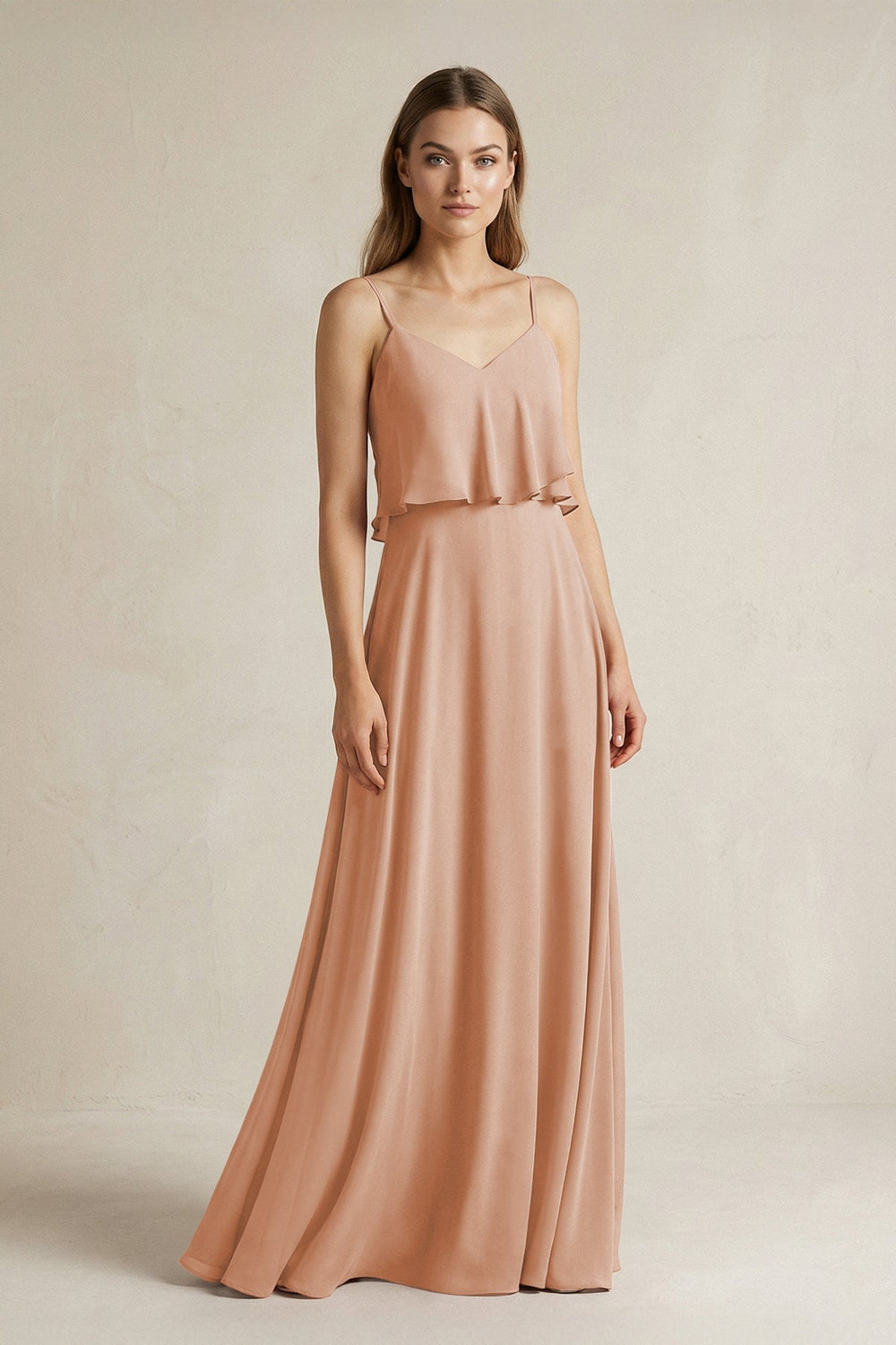 Ruffled Spaghetti Strap A - Line Chiffon Bridesmaid Dress in Champagne Rose - KissProm Bridesmaid Dresses