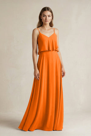 Ruffled Spaghetti Strap A - Line Chiffon Bridesmaid Dress in Cinnamon - KissProm Bridesmaid Dresses