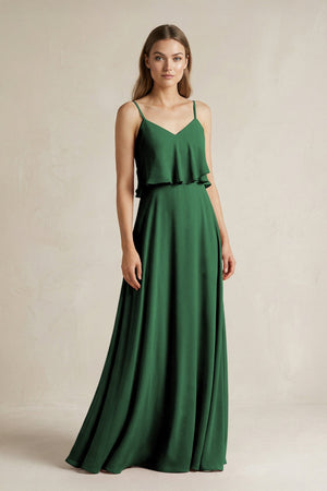 Ruffled Spaghetti Strap A - Line Chiffon Bridesmaid Dress in Dark Green - KissProm Bridesmaid Dresses