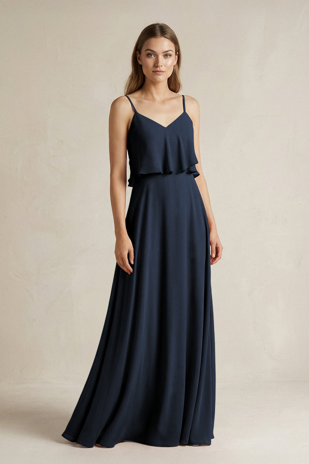 Ruffled Spaghetti Strap A - Line Chiffon Bridesmaid Dress in Dark Navy - KissProm Bridesmaid Dresses
