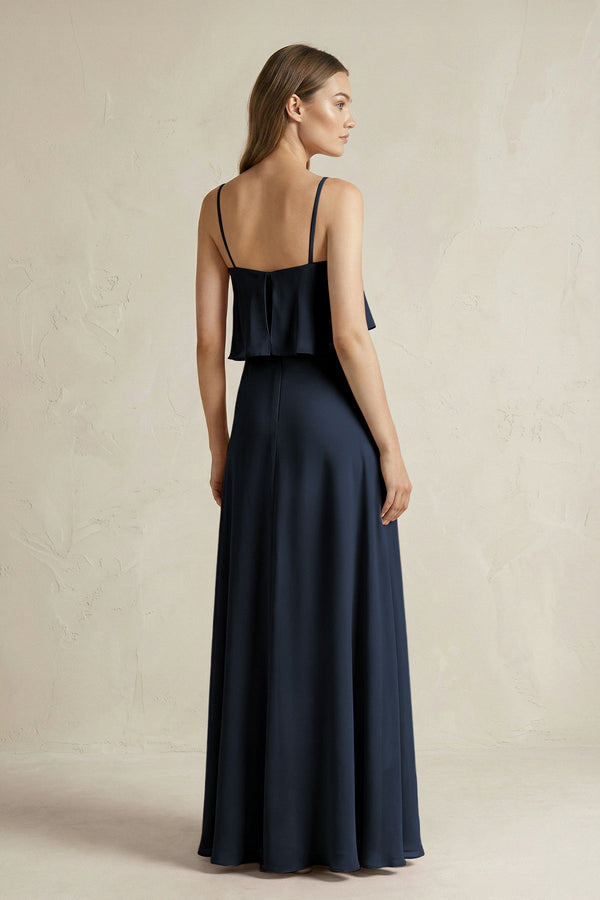 Ruffled Spaghetti Strap A - Line Chiffon Bridesmaid Dress in Dark Navy - KissProm Bridesmaid Dresses