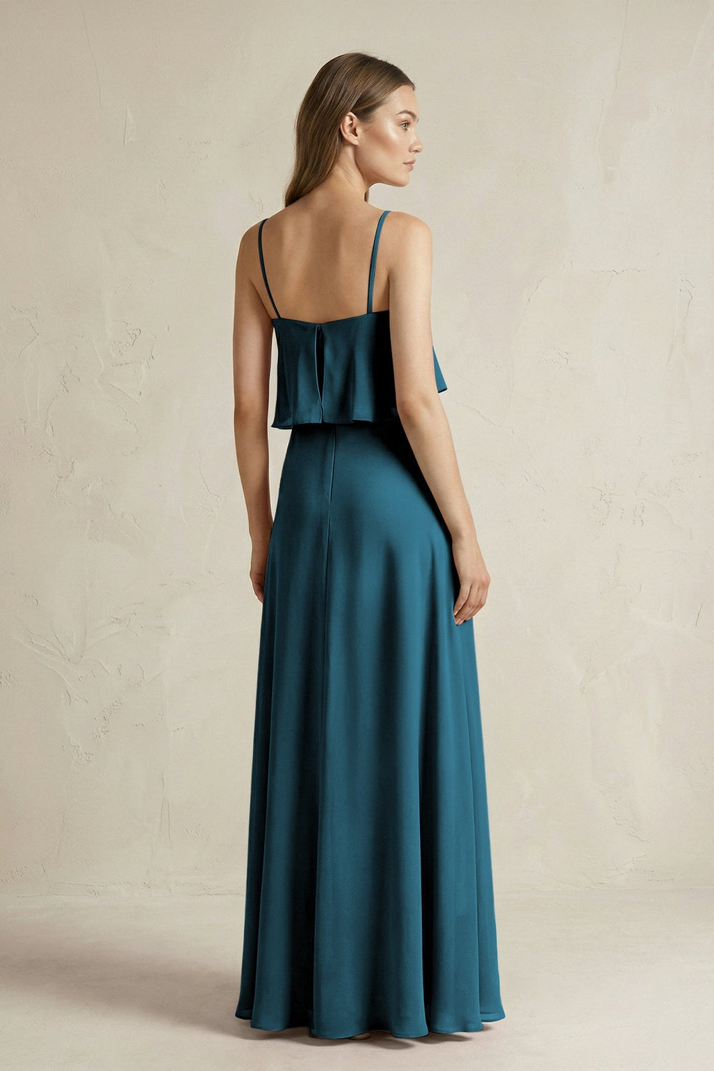 Ruffled Spaghetti Strap A - Line Chiffon Bridesmaid Dress in Dark Teal - KissProm Bridesmaid Dresses