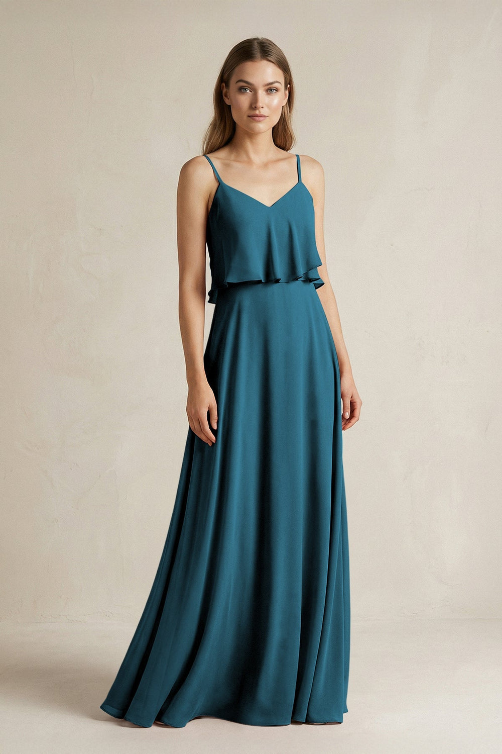 Ruffled Spaghetti Strap A - Line Chiffon Bridesmaid Dress in Dark Teal - KissProm Bridesmaid Dresses