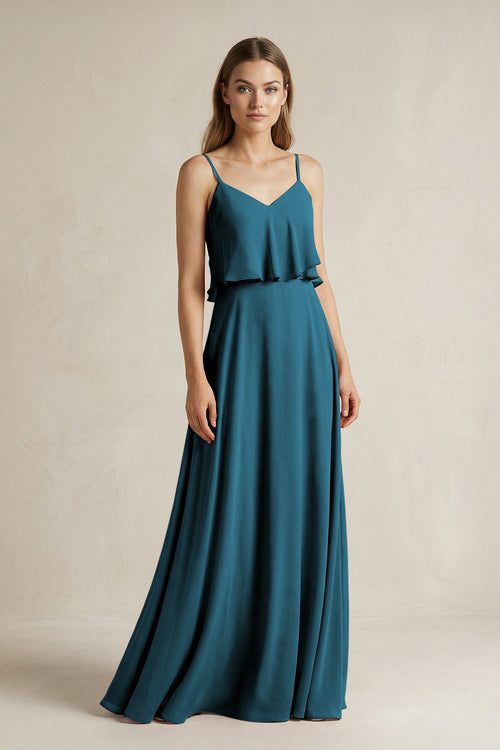 Ruffled Spaghetti Strap A - Line Chiffon Bridesmaid Dress in Dark Teal - KissProm Bridesmaid Dresses