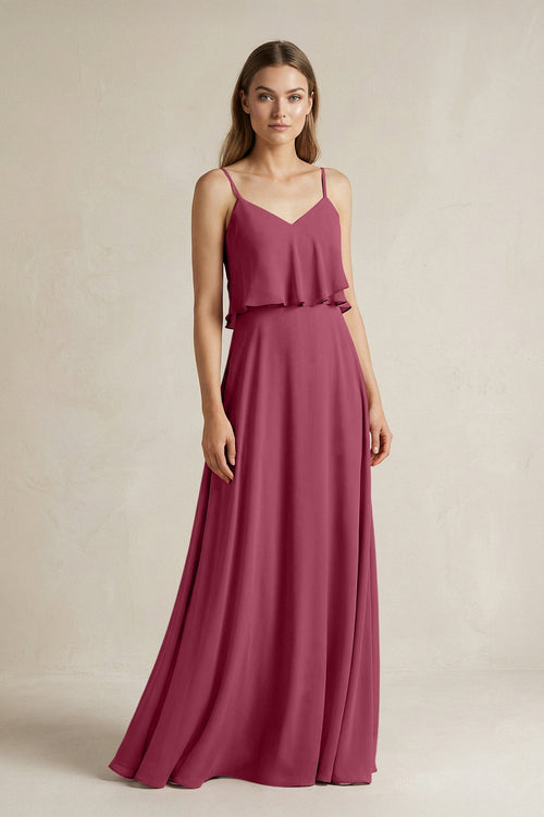 Ruffled Spaghetti Strap A - Line Chiffon Bridesmaid Dress in Desert Rose - KissProm Bridesmaid Dresses