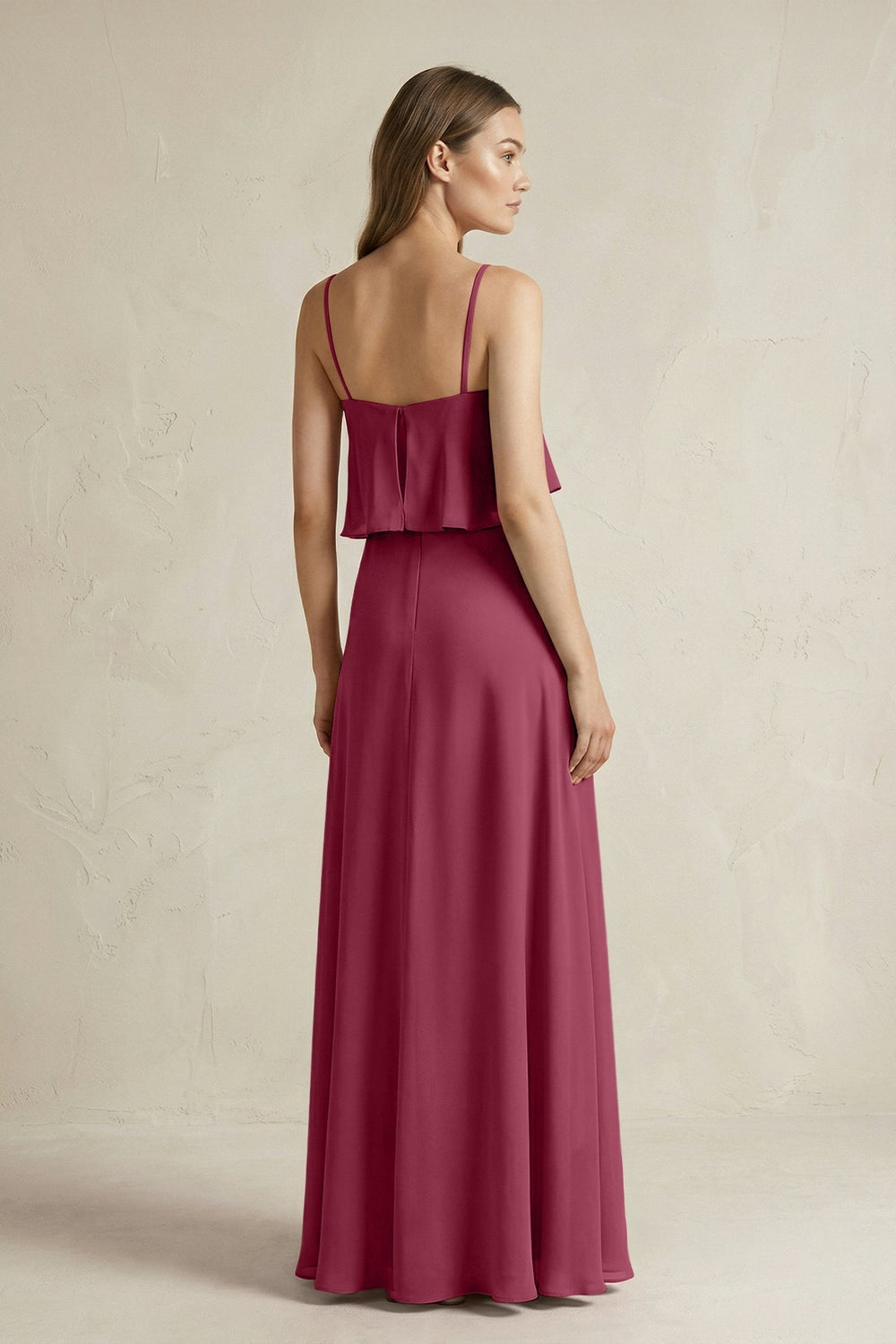 Ruffled Spaghetti Strap A - Line Chiffon Bridesmaid Dress in Desert Rose - KissProm Bridesmaid Dresses