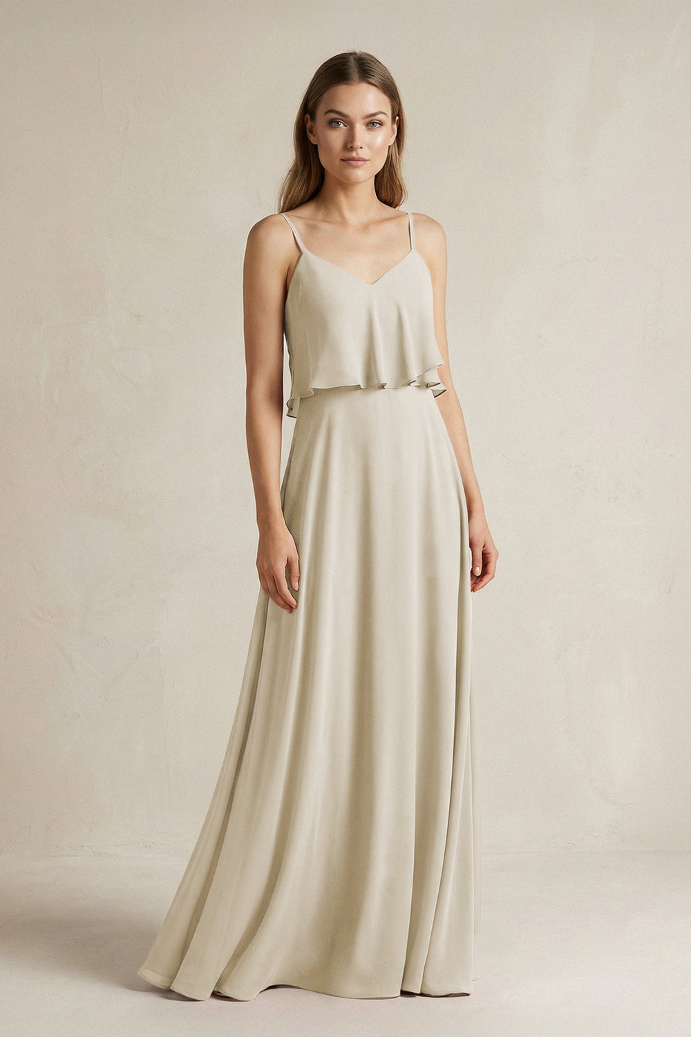 Ruffled Spaghetti Strap A - Line Chiffon Bridesmaid Dress in Dove Gray - KissProm Bridesmaid Dresses