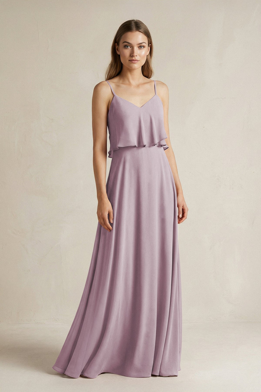 Ruffled Spaghetti Strap A - Line Chiffon Bridesmaid Dress in Dusk - KissProm Bridesmaid Dresses