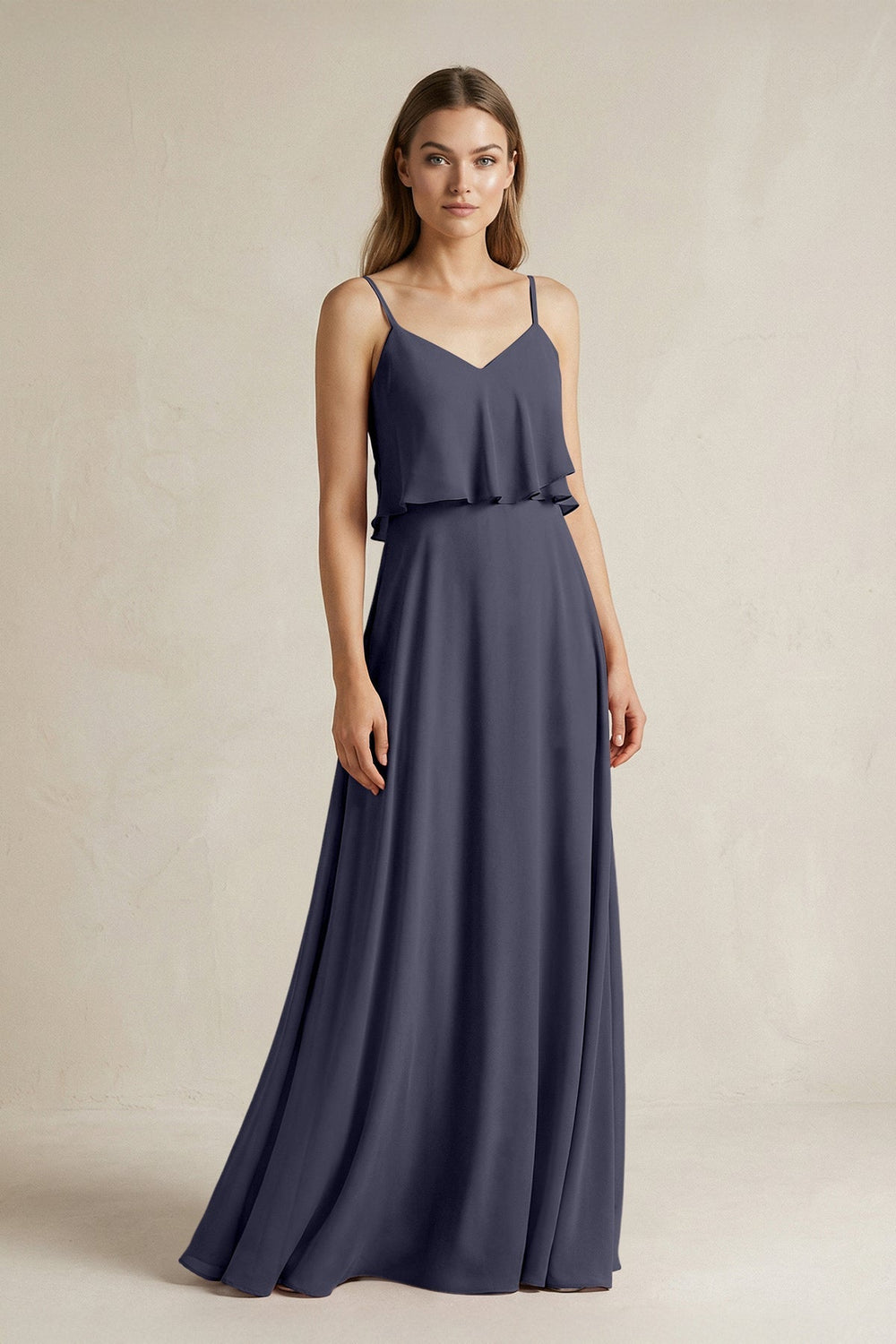 Ruffled Spaghetti Strap A - Line Chiffon Bridesmaid Dress in Dusk Blue - KissProm Bridesmaid Dresses