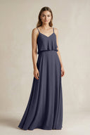 Ruffled Spaghetti Strap A - Line Chiffon Bridesmaid Dress in Dusk Blue - KissProm Bridesmaid Dresses