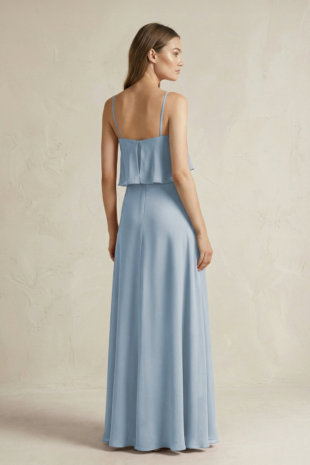 Ruffled Spaghetti Strap A - Line Chiffon Bridesmaid Dress in Dusty Blue - KissProm Bridesmaid Dresses
