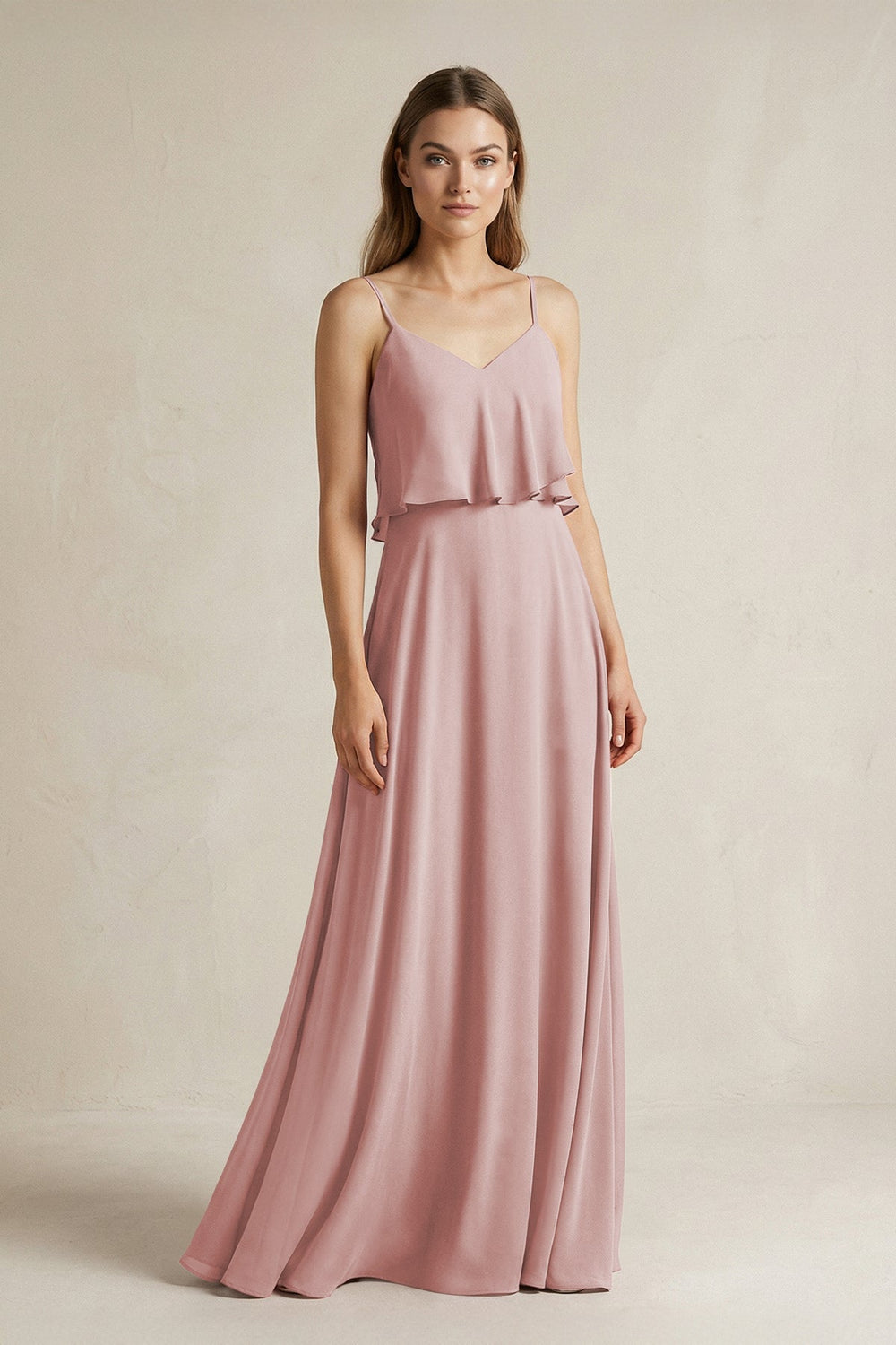 Ruffled Spaghetti Strap A - Line Chiffon Bridesmaid Dress in Dusty Rose - KissProm Bridesmaid Dresses