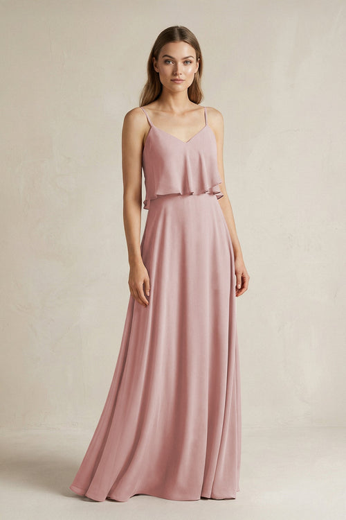 Ruffled Spaghetti Strap A - Line Chiffon Bridesmaid Dress in Dusty Rose - KissProm Bridesmaid Dresses