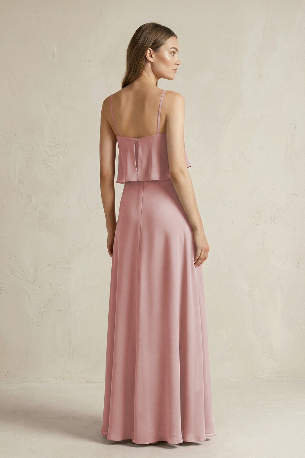 Ruffled Spaghetti Strap A - Line Chiffon Bridesmaid Dress in Dusty Rose - KissProm Bridesmaid Dresses