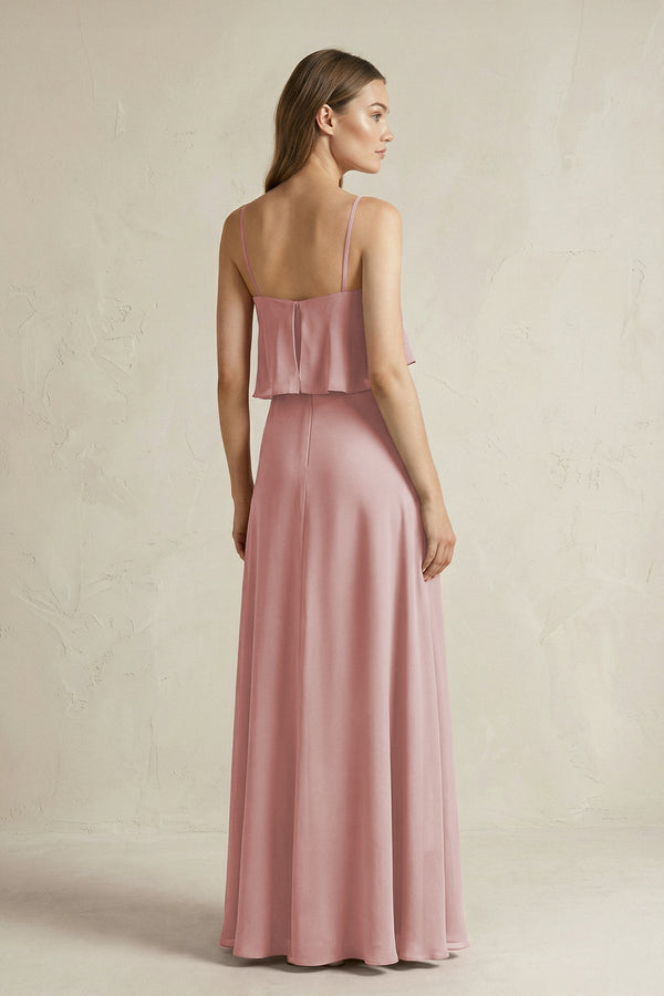 Ruffled Spaghetti Strap A - Line Chiffon Bridesmaid Dress in Dusty Rose - KissProm Bridesmaid Dresses