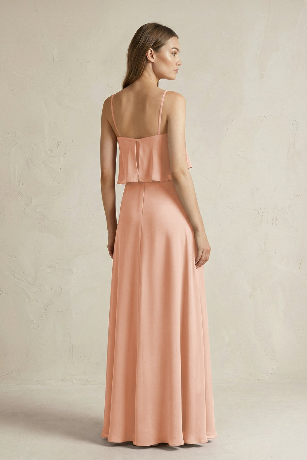 Ruffled Spaghetti Strap A - Line Chiffon Bridesmaid Dress in English Rose - KissProm Bridesmaid Dresses