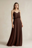 Ruffled Spaghetti Strap A - Line Chiffon Bridesmaid Dress in Espresso - KissProm Bridesmaid Dresses