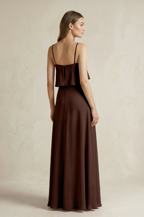 Ruffled Spaghetti Strap A - Line Chiffon Bridesmaid Dress in Espresso - KissProm Bridesmaid Dresses