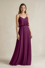 Ruffled Spaghetti Strap A - Line Chiffon Bridesmaid Dress in Fig - KissProm Bridesmaid Dresses