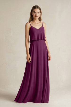 Ruffled Spaghetti Strap A - Line Chiffon Bridesmaid Dress in Fig - KissProm Bridesmaid Dresses