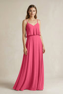 Ruffled Spaghetti Strap A - Line Chiffon Bridesmaid Dress in Fuchsia - KissProm Bridesmaid Dresses