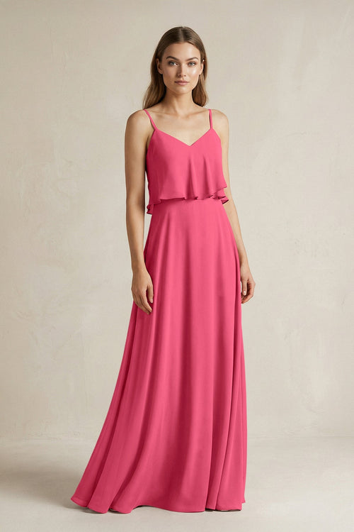 Ruffled Spaghetti Strap A - Line Chiffon Bridesmaid Dress in Fuchsia - KissProm Bridesmaid Dresses