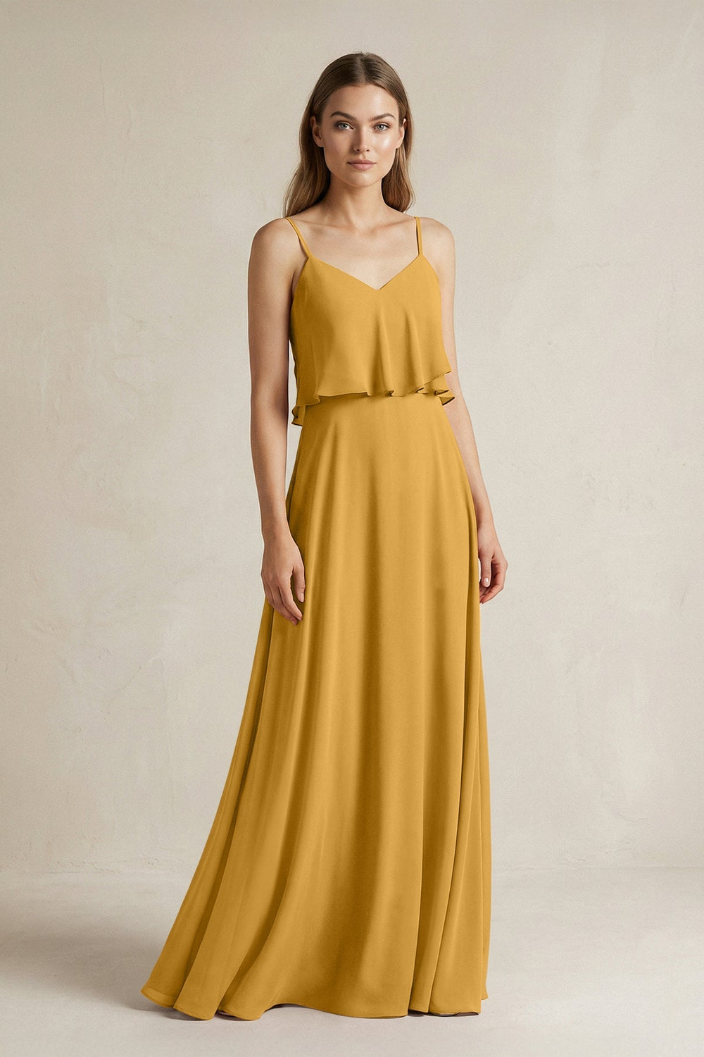 Ruffled Spaghetti Strap A - Line Chiffon Bridesmaid Dress in Marigold - KissProm Bridesmaid Dresses