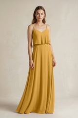 Ruffled Spaghetti Strap A - Line Chiffon Bridesmaid Dress in Marigold - KissProm Bridesmaid Dresses