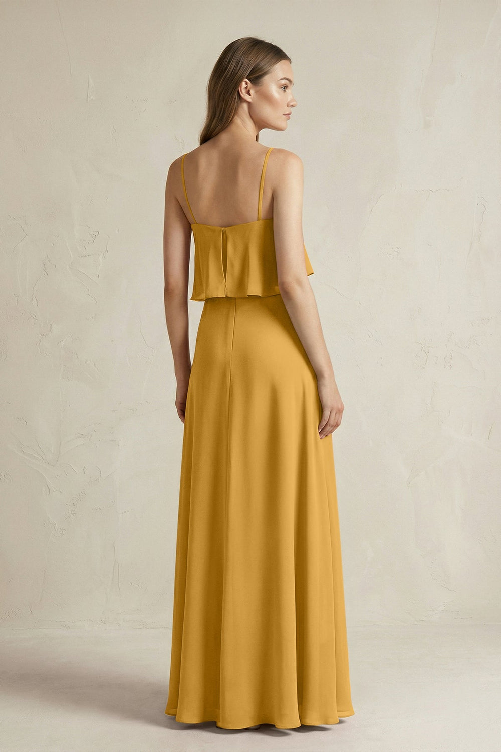 Ruffled Spaghetti Strap A - Line Chiffon Bridesmaid Dress in Marigold - KissProm Bridesmaid Dresses