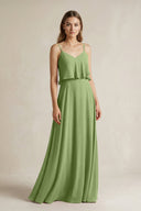 Ruffled Spaghetti Strap A - Line Chiffon Bridesmaid Dress in Matcha - KissProm Bridesmaid Dresses