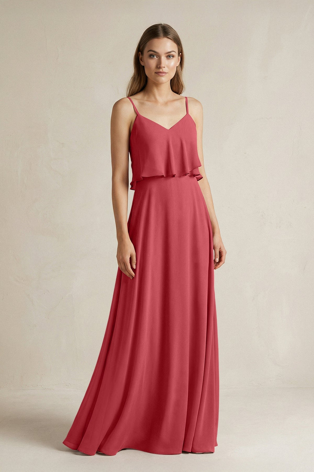 Ruffled Spaghetti Strap A - Line Chiffon Bridesmaid Dress in Merlot - KissProm Bridesmaid Dresses