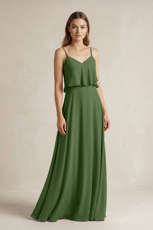 Ruffled Spaghetti Strap A - Line Chiffon Bridesmaid Dress in Moss - KissProm Bridesmaid Dresses