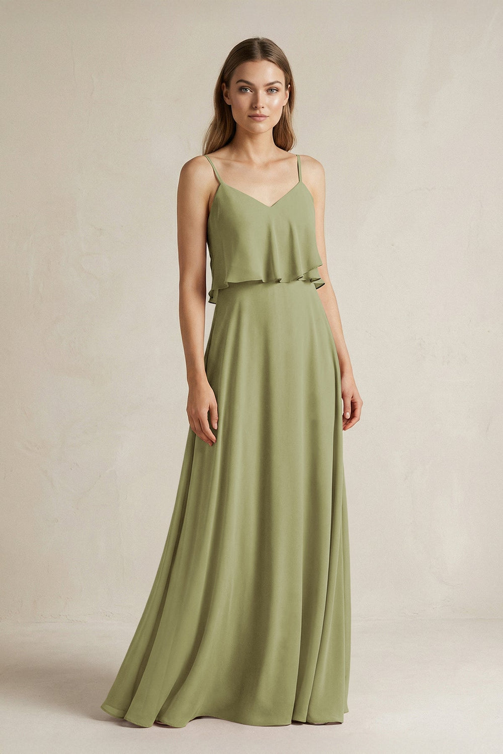 Ruffled Spaghetti Strap A - Line Chiffon Bridesmaid Dress in Moss Green - KissProm Bridesmaid Dresses