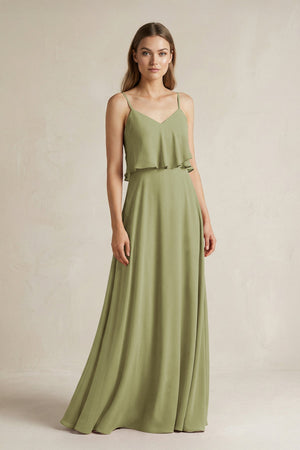 Ruffled Spaghetti Strap A - Line Chiffon Bridesmaid Dress in Moss Green - KissProm Bridesmaid Dresses