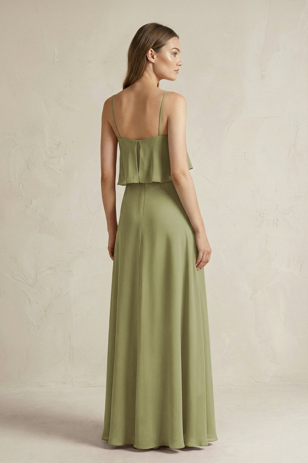 Ruffled Spaghetti Strap A - Line Chiffon Bridesmaid Dress in Moss Green - KissProm Bridesmaid Dresses