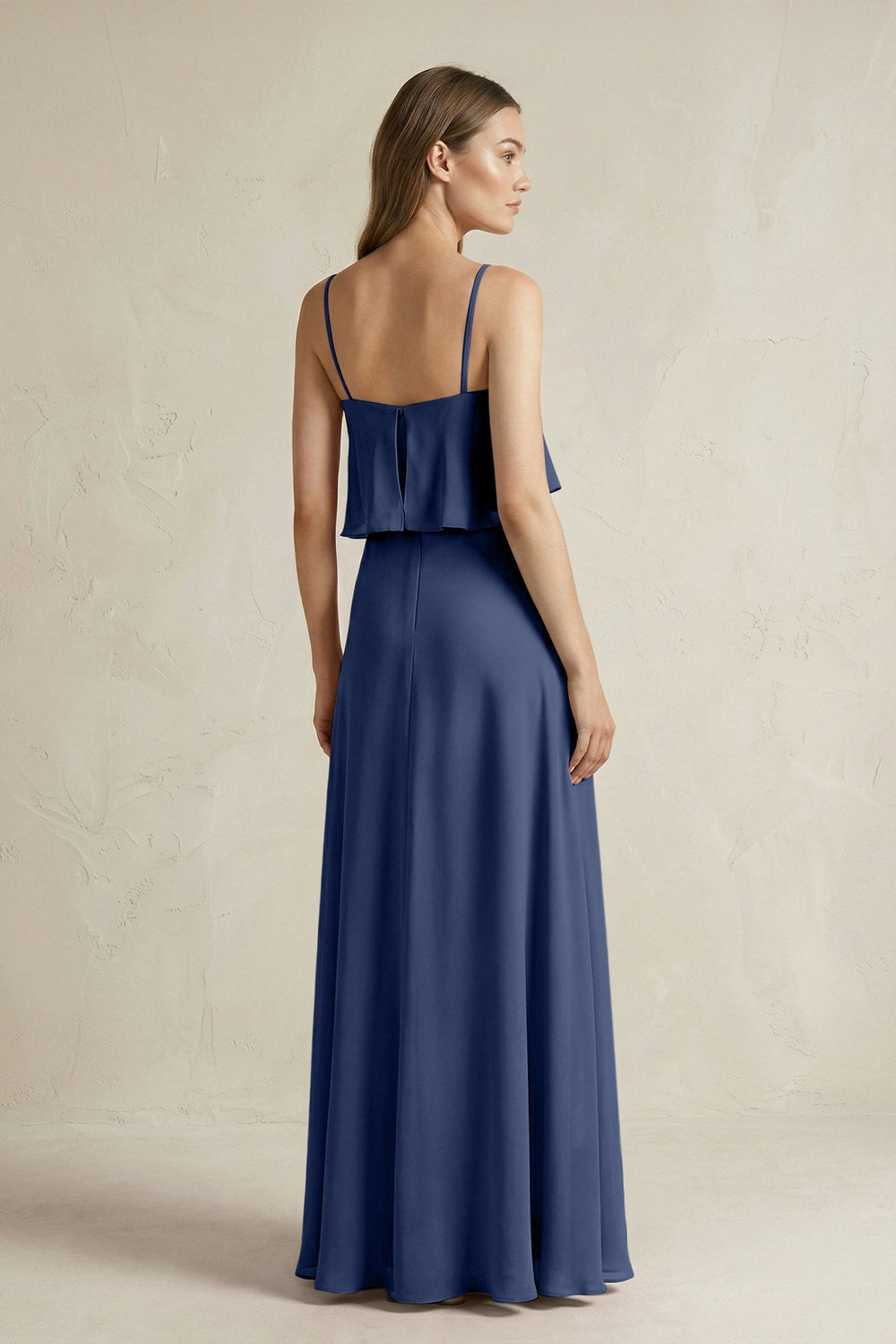 Ruffled Spaghetti Strap A - Line Chiffon Bridesmaid Dress in Navy - KissProm Bridesmaid Dresses