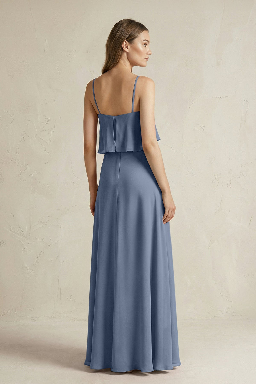 Ruffled Spaghetti Strap A - Line Chiffon Bridesmaid Dress in Neptune - KissProm Bridesmaid Dresses