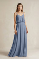 Ruffled Spaghetti Strap A - Line Chiffon Bridesmaid Dress in Neptune - KissProm Bridesmaid Dresses