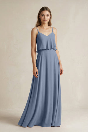 Ruffled Spaghetti Strap A - Line Chiffon Bridesmaid Dress in Neptune - KissProm Bridesmaid Dresses